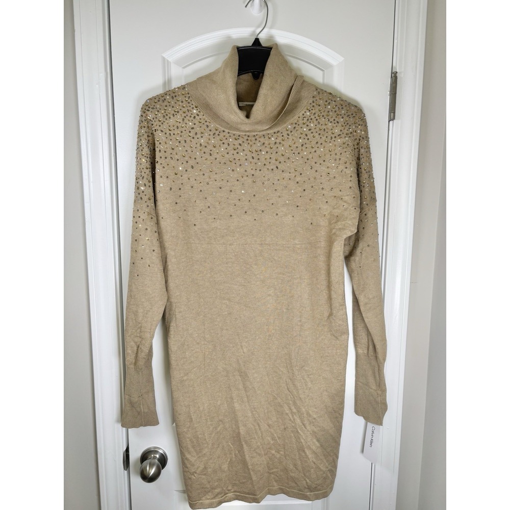 Calvin Klein Women's Sweater Dress M Beige Rhinestone Cowl Neck Long Sleeve NWT - Picture 1 of 3